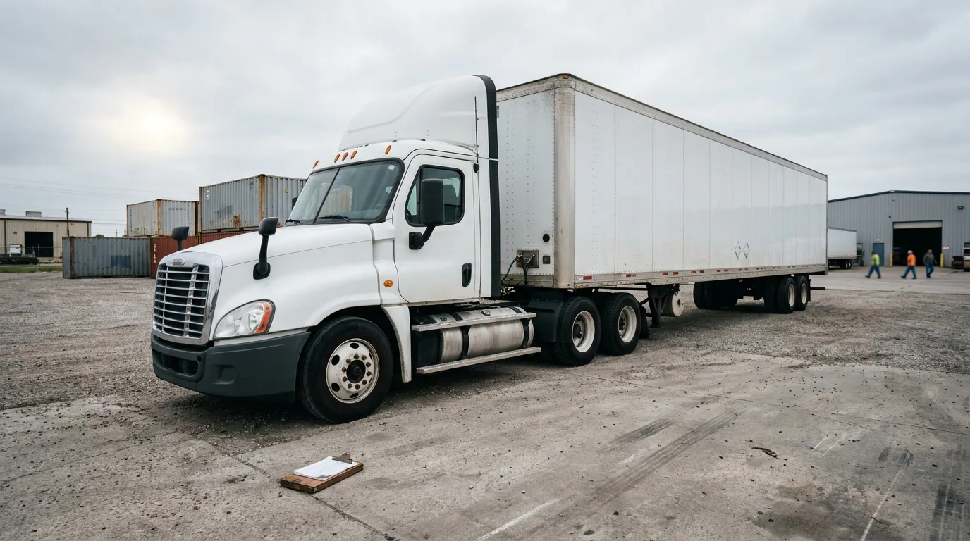 semi-truck with box trailer parked at commercial freight yard near warehouse