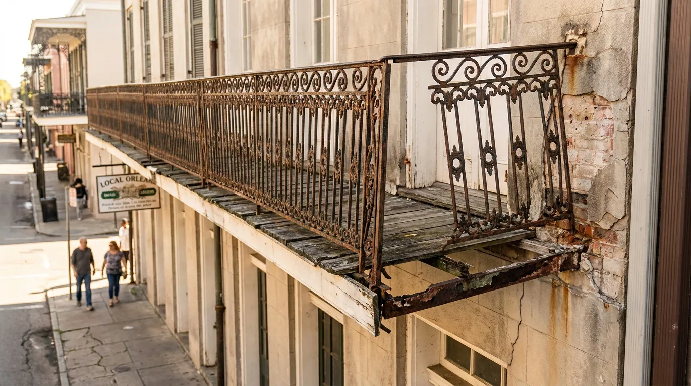 deteriorating wrought iron balcony railing on aging New Orleans French Quarter building