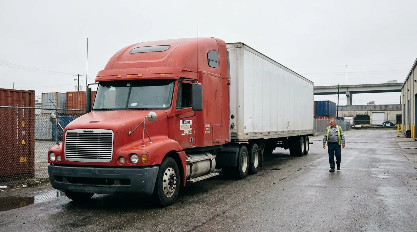 worker in safety vest walking alongside Freightliner semi-truck at commercial freight yard