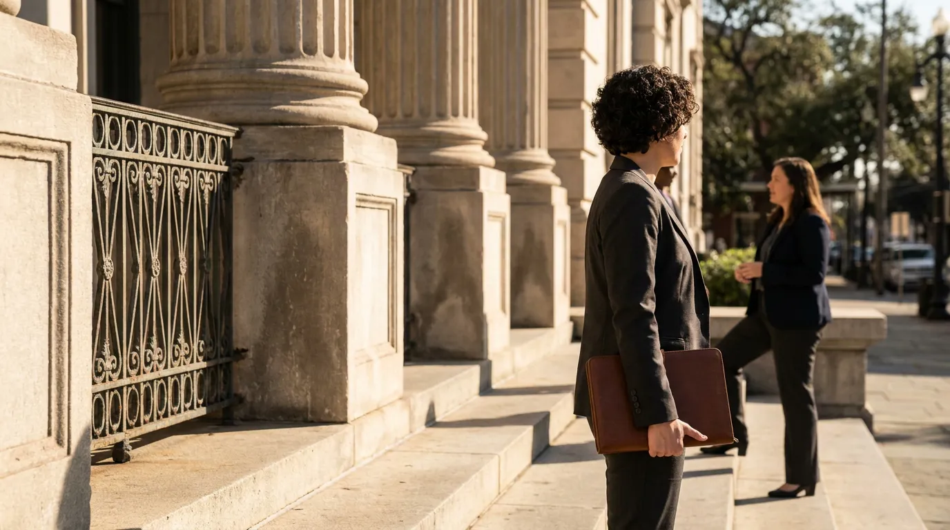 two attorneys in suits standing outside courthouse with large stone columns