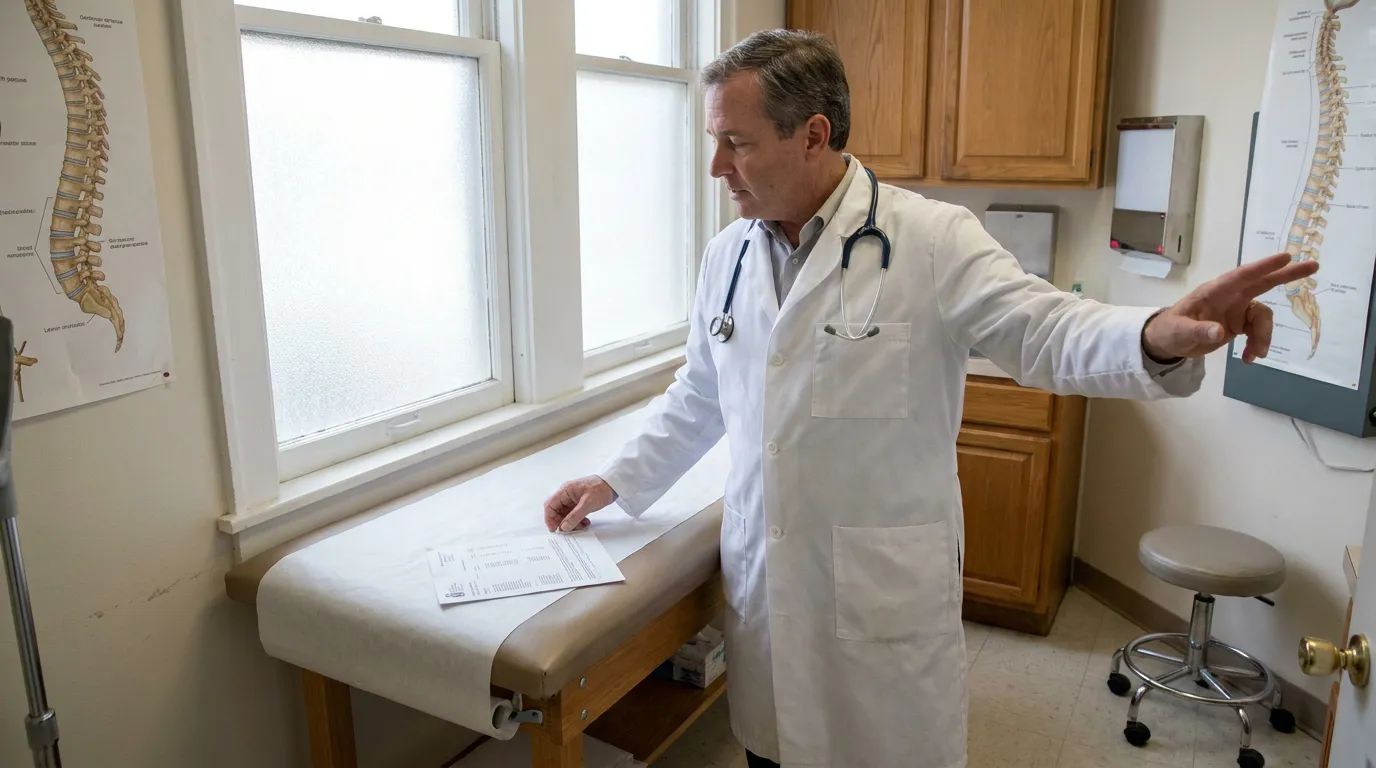 doctor with stethoscope pointing at spinal anatomy chart in medical examination room