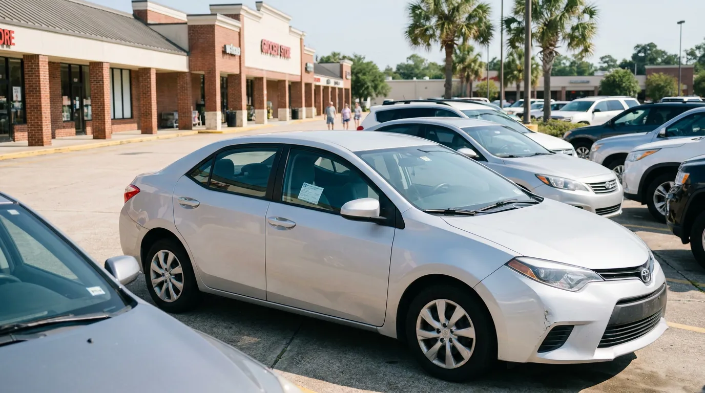 Toyota sedan parked in busy retail strip mall parking lot with pedestrians