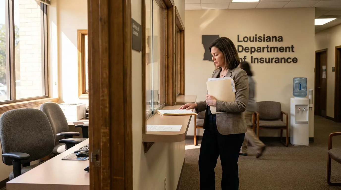 woman holding file folder at Louisiana Department of Insurance office counter