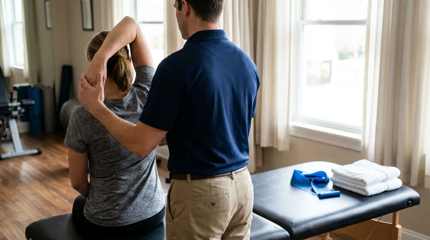 physical therapist guiding seated patient through shoulder and arm stretch in clinic