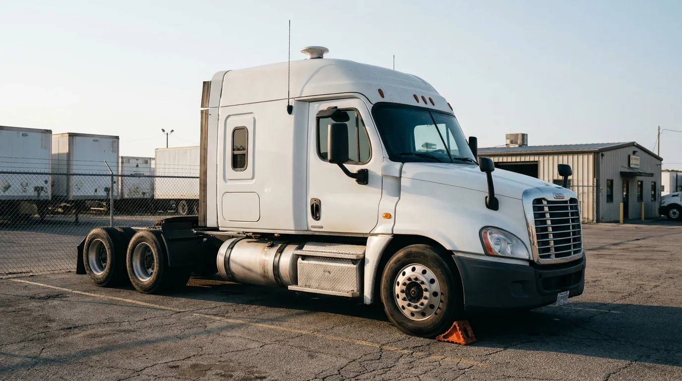 semi-truck cab parked in commercial lot with wheel chock and warehouse building