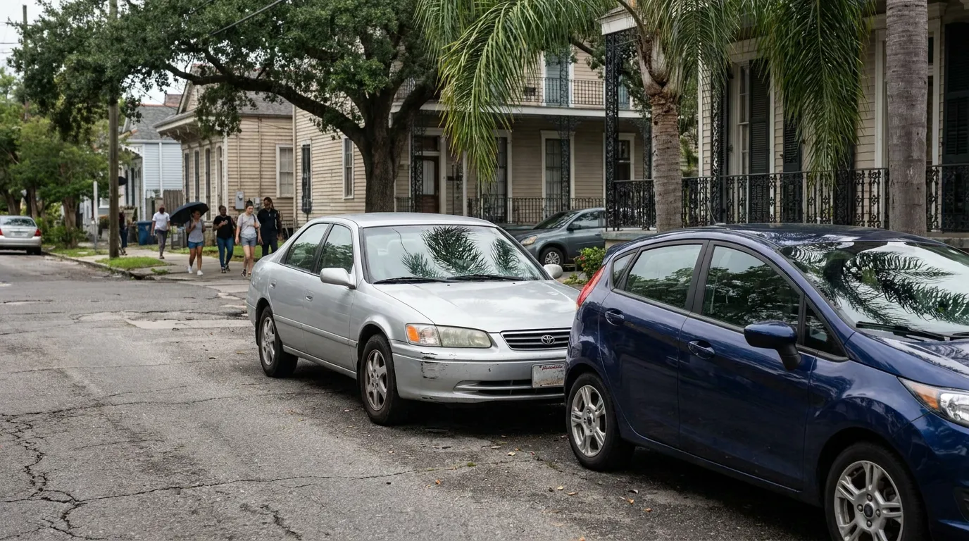 Toyota sedan with damaged bumper parked on residential street with pedestrians walking
