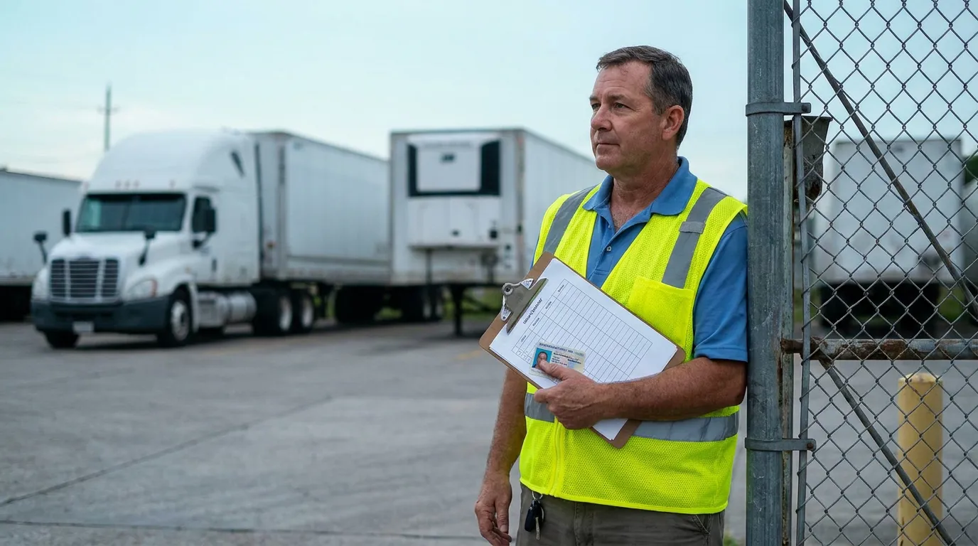 worker in safety vest holding clipboard near chain-link fence with semi-trucks