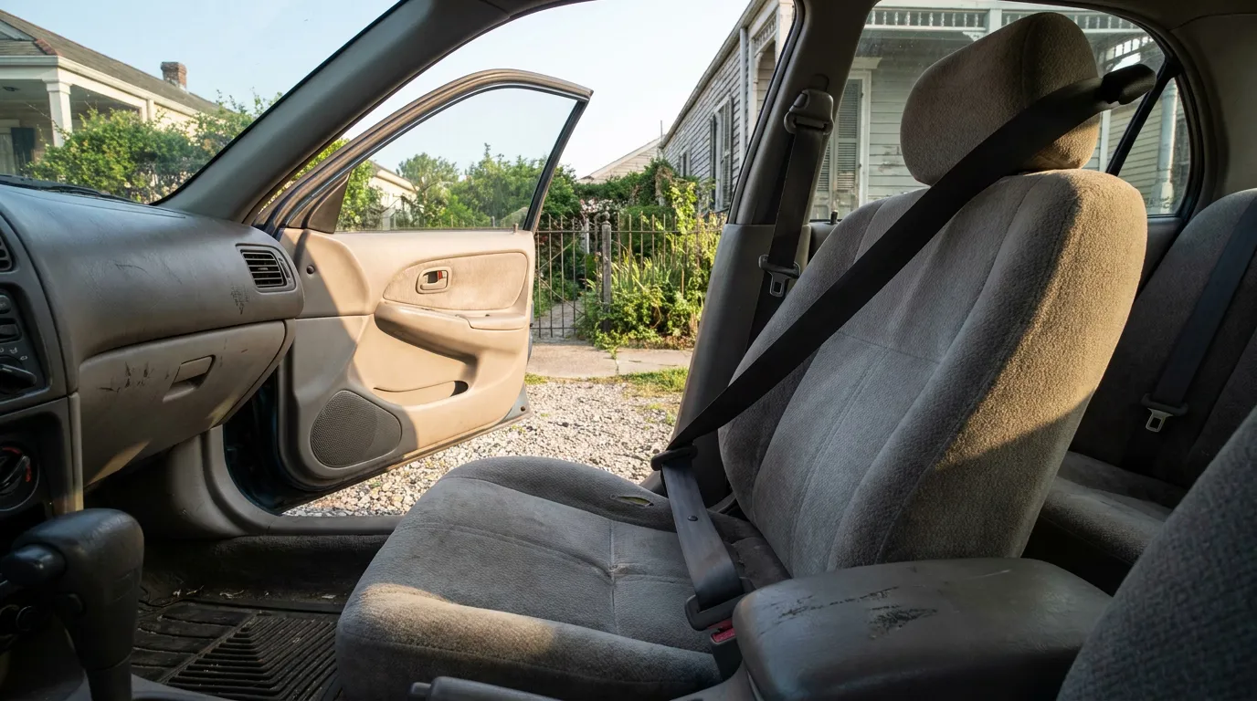 vehicle interior showing front seat, seatbelt, and open passenger door