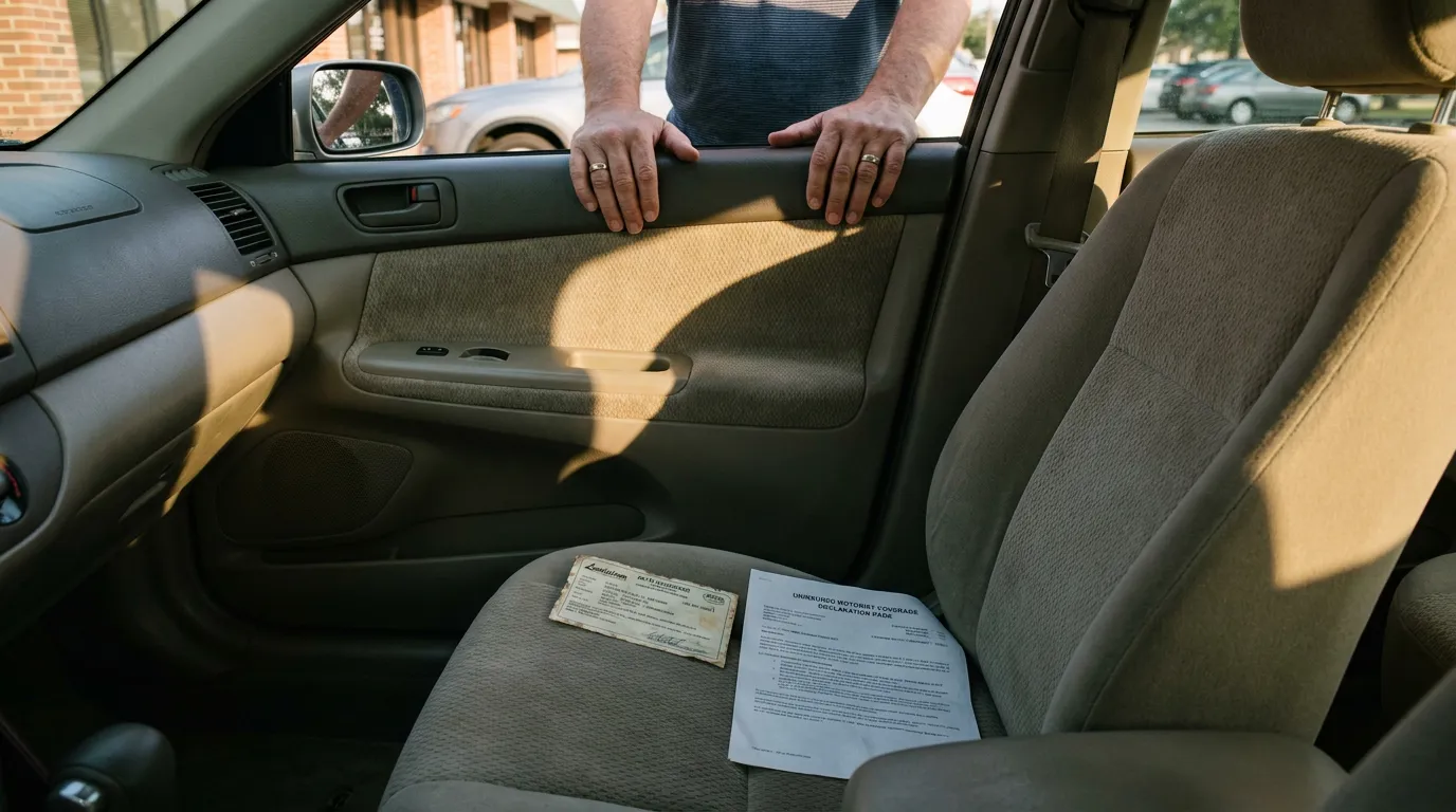 person leaning into open car door with insurance card and declaration document on seat